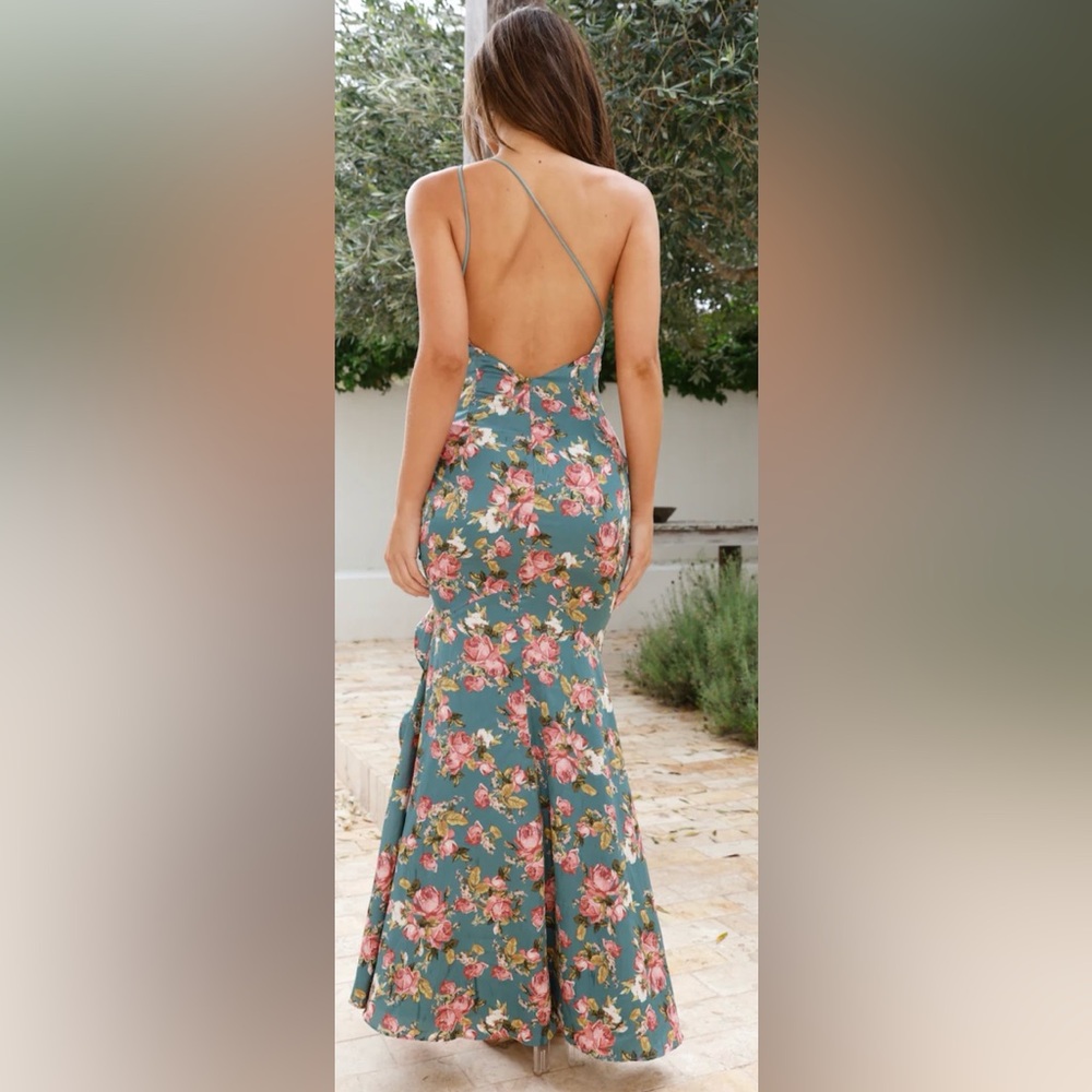 HELLO MOLLY ONE SHOULDER SATIN MAXI DRESS GREEN W PINK FLORAL SIZE XSMALL NWT - Picture 8 of 17